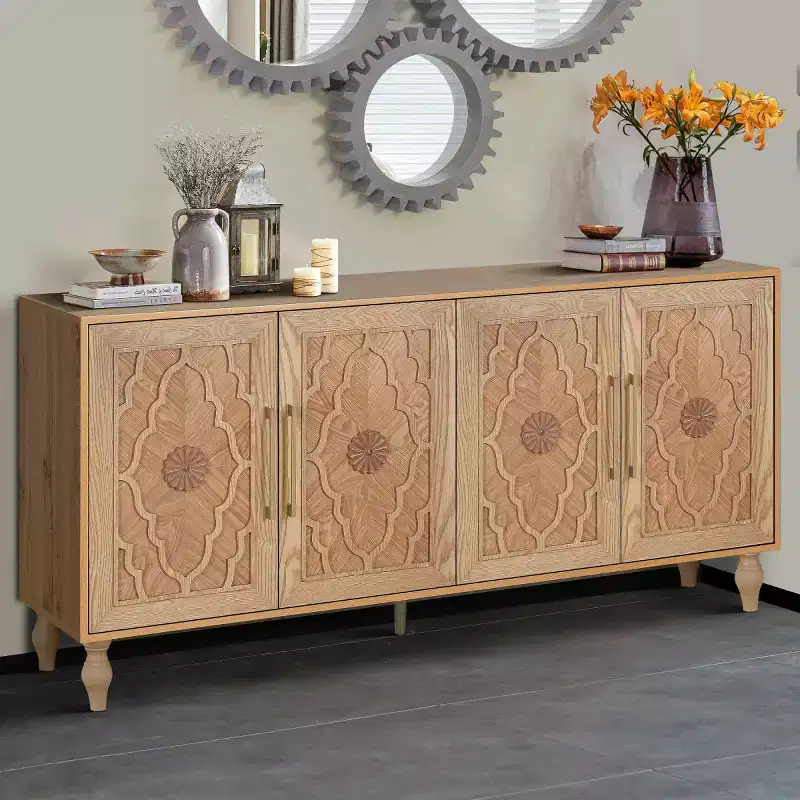 Freestanding Sideboard Buffet Cabinet with Carved Flower Doors & Metal Handles - 63