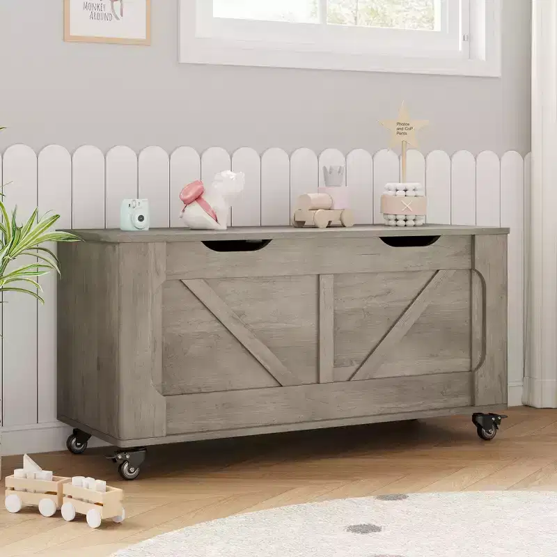 COZONY 39 Storage Chest with Wheels, Modern Wood Storage Bench, 350 lbs Load, Entryway, Bedroom, Living Room, Grey