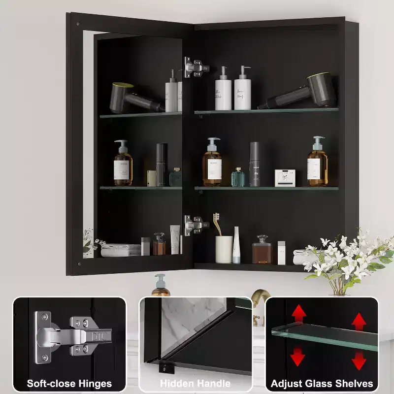 Bathroom Medicine Cabinet with Beveled Mirror Recessed or Wall Mount and Adjustable Tempered Glass Shelves in Black