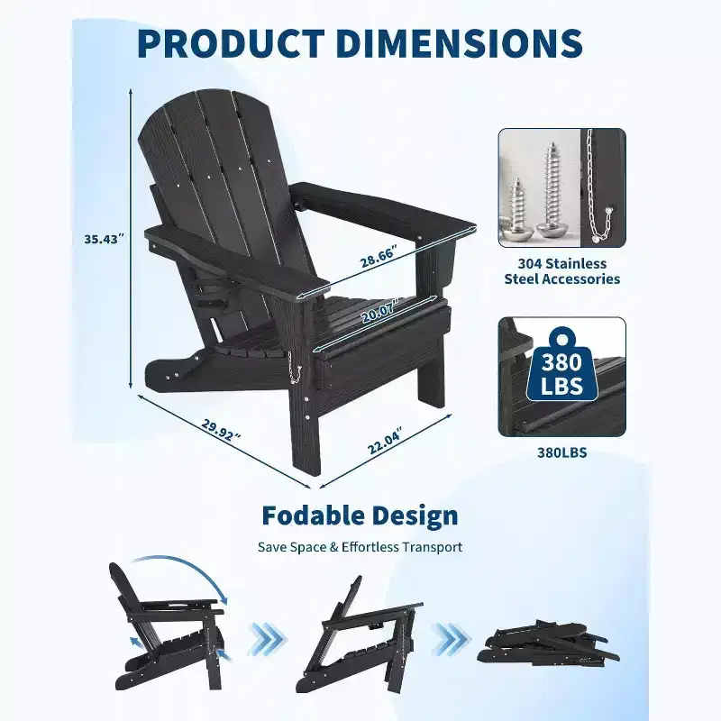 Folding Adirondack Chair Set of 2 with Side Table, All-Weather HDPE Wooden Texture & Cup Holder for Patio Deck Garden, Black