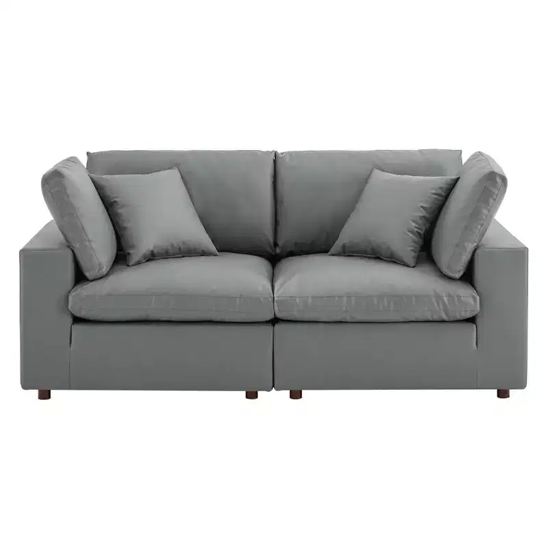 Down Filled Overstuffed Vegan Leather Loveseat, Gray