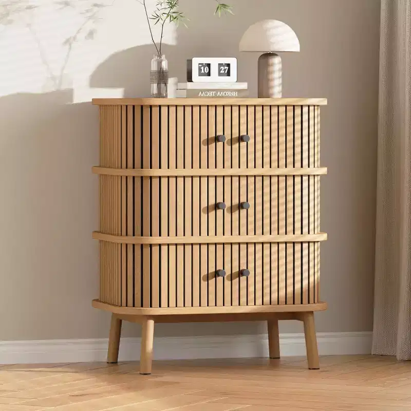 Mid-Century Wicker 3-Drawer Dresser, Natural Chest with Black Handles & Tapered Wood Legs
