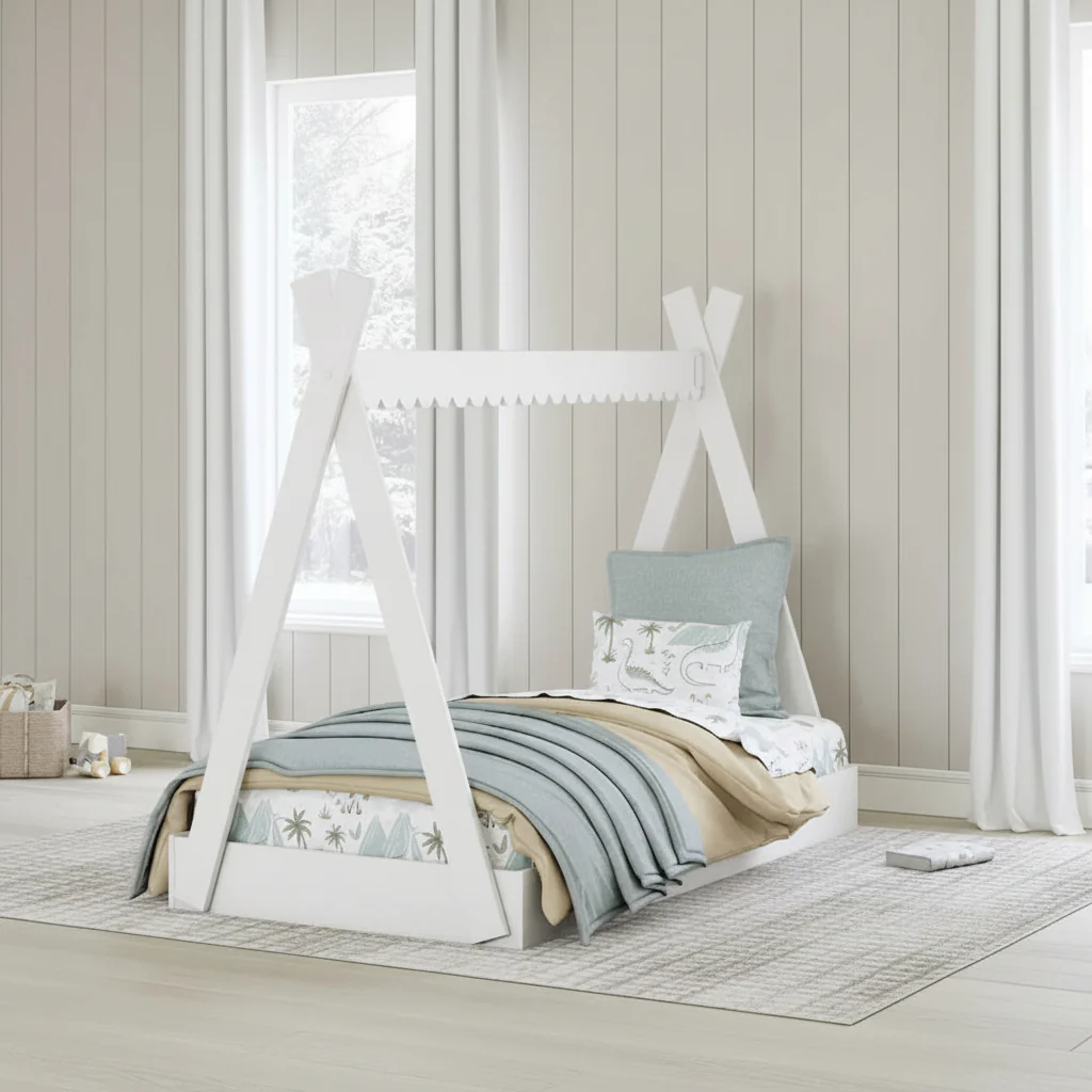 White Twin Tent Bed for Kids – Matte Finish Engineered Wood