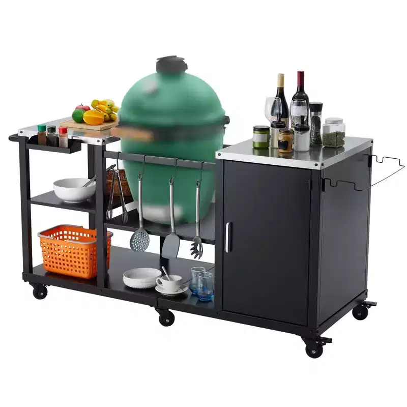 GustoWave Heavy-Duty Grill Table for Large Big Green Egg, Outdoor Prep Station with Storage, Stainless Steel Top, Locking Wheels - Black