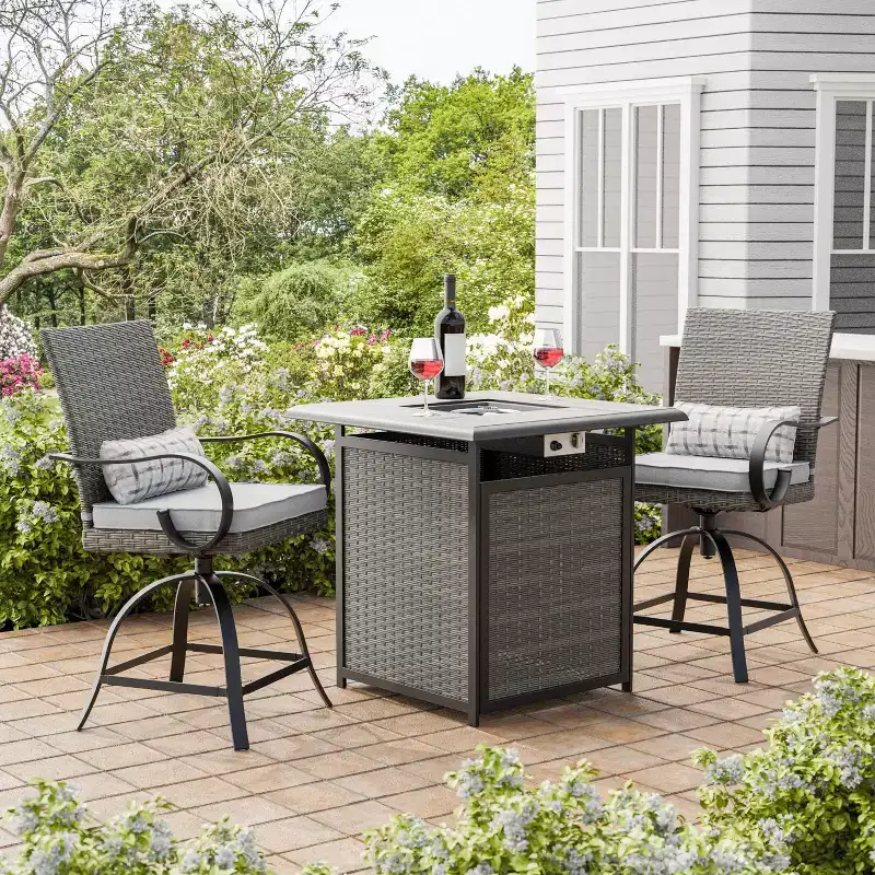 Greemotion 3pc Arosa Outdoor Counter Height Patio Firepit Sets with Swivel Chairs Gray: Ceramic Tile Top, UV & Rust-Resistant