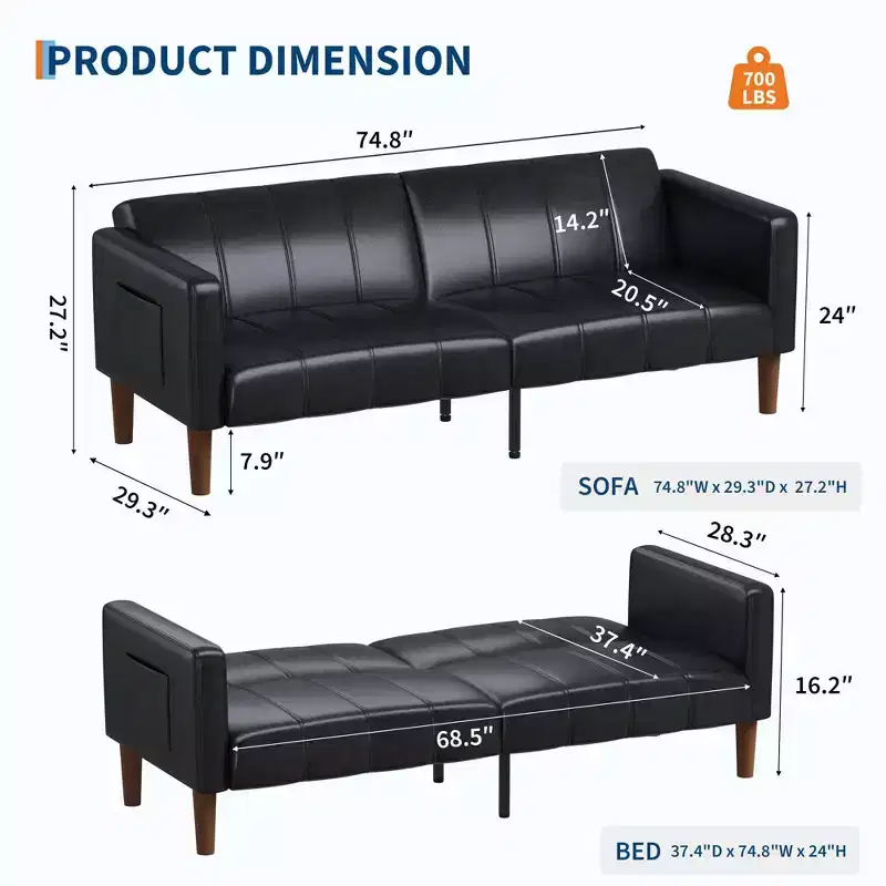 75 in Futon Sofa Bed, Convertible Sleeper, Faux Leather Small Couch, Loveseat, Mid-Century Modern Couch for Living Room, Bedroom