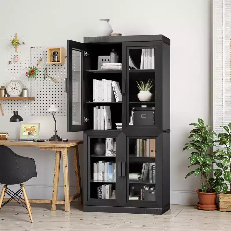 67x31x16 Wood Accent Sideboard Cabinet in Black, Storage Organizer with Adjustable Shelves and Glass Doors for Kitchen Bedroom Living/Dinning Room