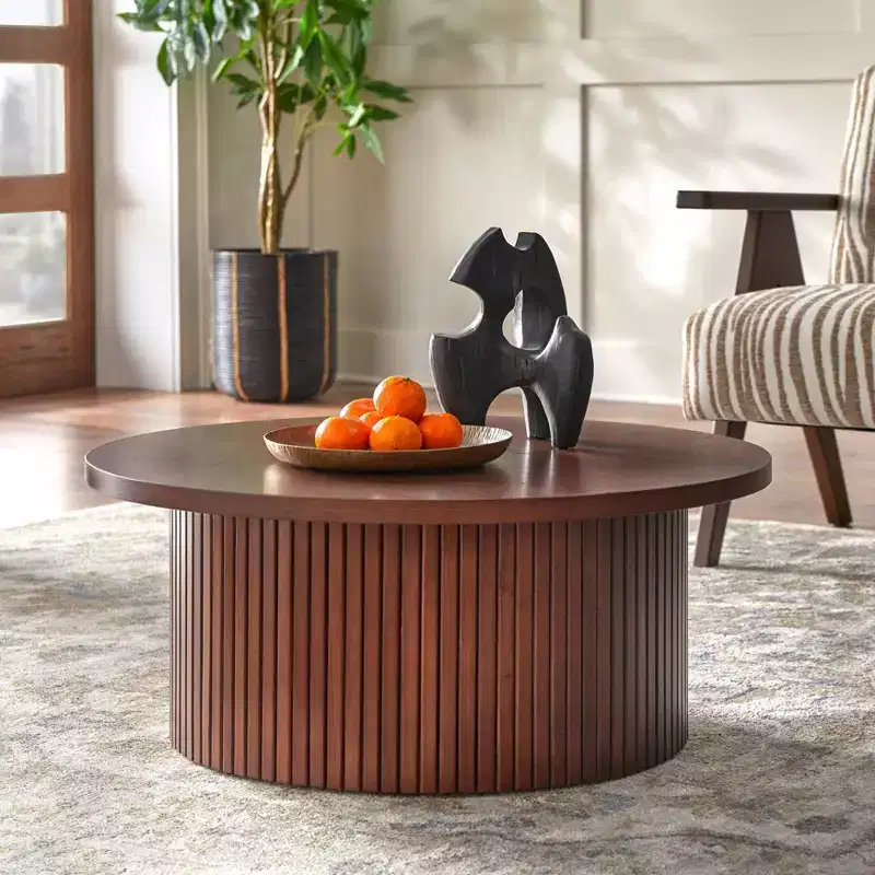 Lifestorey Kendrick 13" Low Profile Fluted Round Coffee Table Walnut