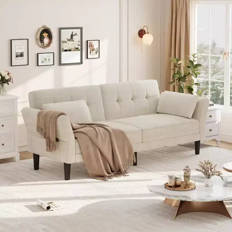 89 Futon Sofa Bed, Modern Chenille Sleeper Couch, Adjustable Backrest & Armrest, Convertible Futon Couch, for Living Room, (Two pillows)