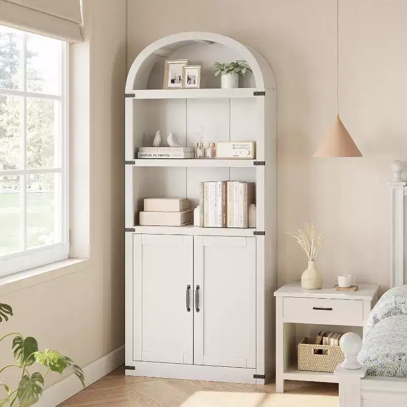 Bookcase with Doors Arched Bookshelf 71.65 in Tall Bookcase Farmhouse Cabinet with Shelves Wooden Bookshelves for Home Office, Living Room