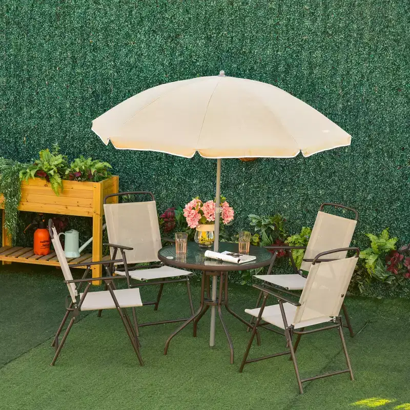 Outsunny 6 Piece Patio Dining Set for 4 with Umbrella, 4 Folding Dining Chairs & Round Glass Table for Garden, Backyard, and Poolside