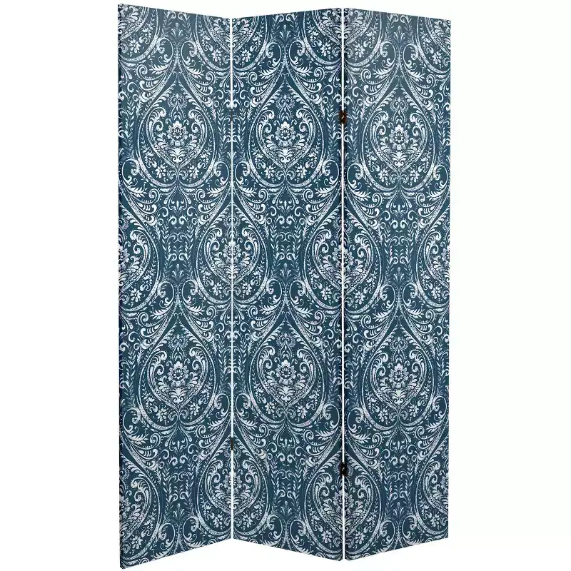 6" Double Sided Ocean Damask Canvas Room Divider Blue - Oriental Furniture: No Assembly, 3 Panels