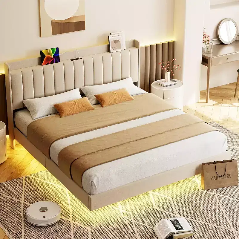 Floating Bed Frame with Storage Headboard, LED Lights, USB Charging Station, Solid Wood Slats, Beige, Noise-Free