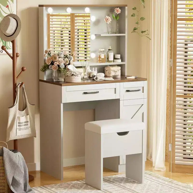 Okak Farmhouse Makeup Vanity with Mirror, Dressing Table Set with Adjustable Shelves,2 Drawers and Side Cabinet for Bedroom