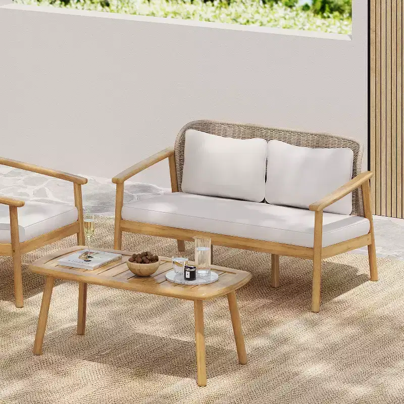Christopher Knight Home Adrian 2 Piece Patio Woven Rope Acacia Wood Seating Set, Brown