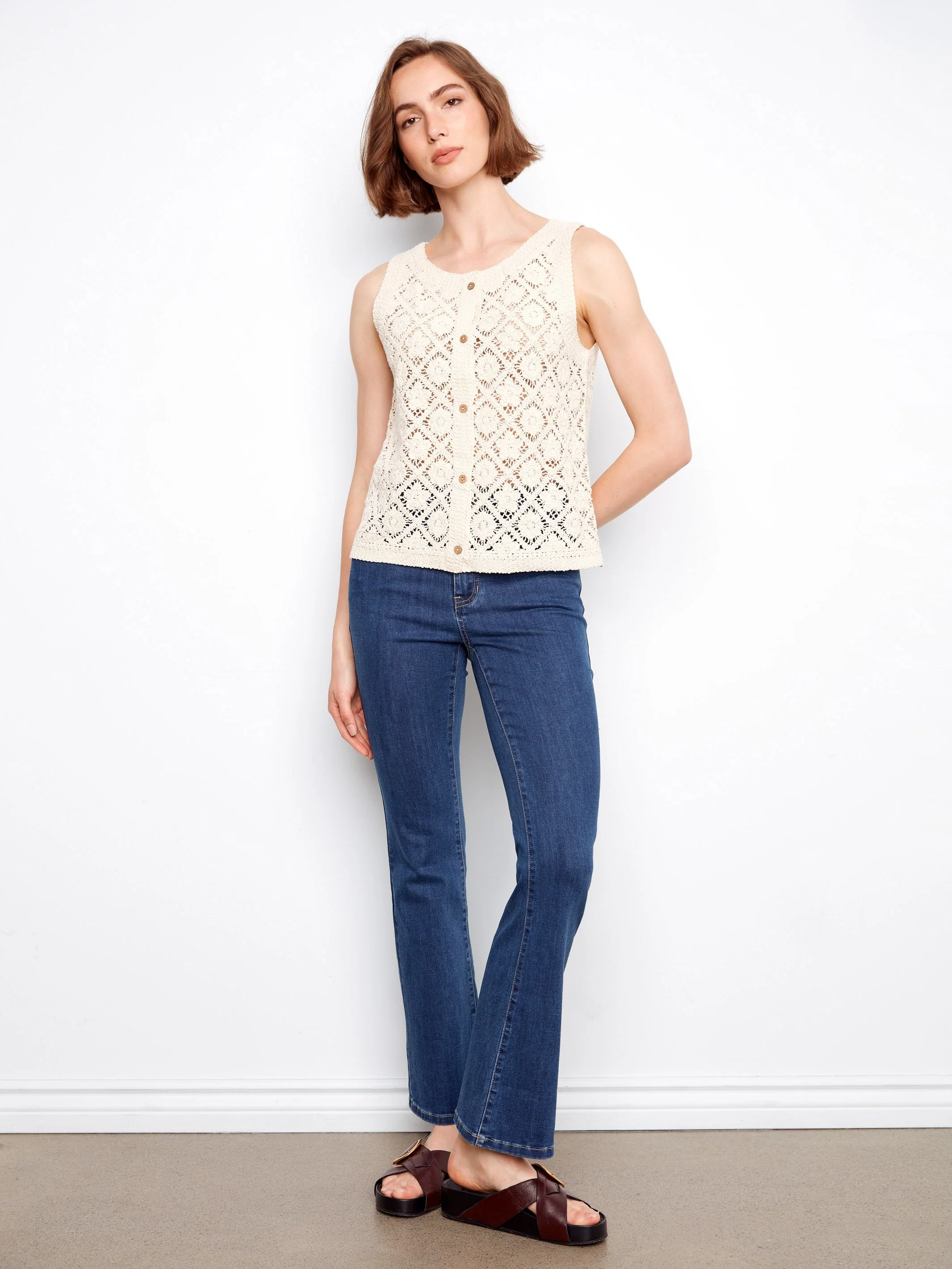 Crochet Cotton Sleeveless Vest - Natural