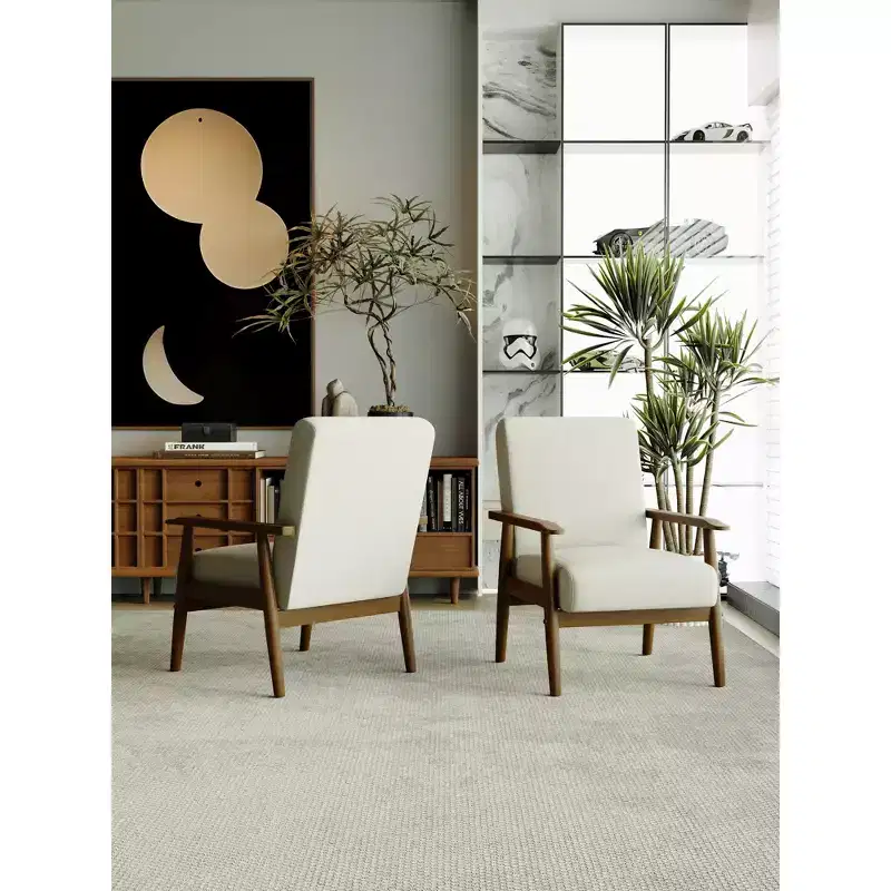 Tree City - Mid-Century Modern Linen Accent Chair with Solid Wood Frame, Off White
