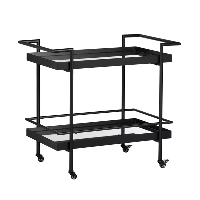 Black Metal Bar Cart with 1 Shelf, Casters & Tempered Glass