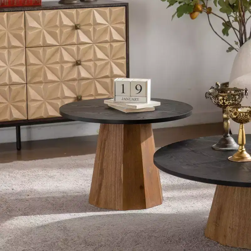 Round Coffee Table with Real Bark Pattern Veneer and Sturdy Pedestal Base