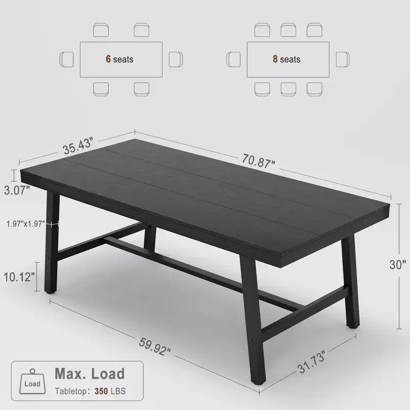 Industrial Dining Table for 6-8 People, 70.87 Long Wooden Kitchen Table with Sturdy Metal Frame & Black Finish-Seats 6 Rectangular Counter for Dinner