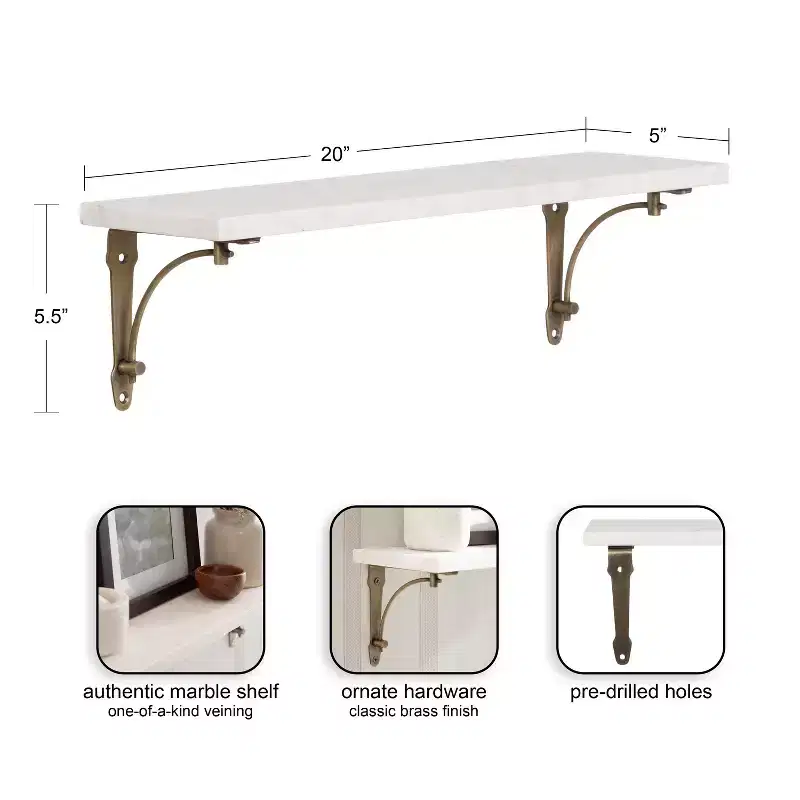 Hatley Marble Wall Shelf, White and Gold, 20