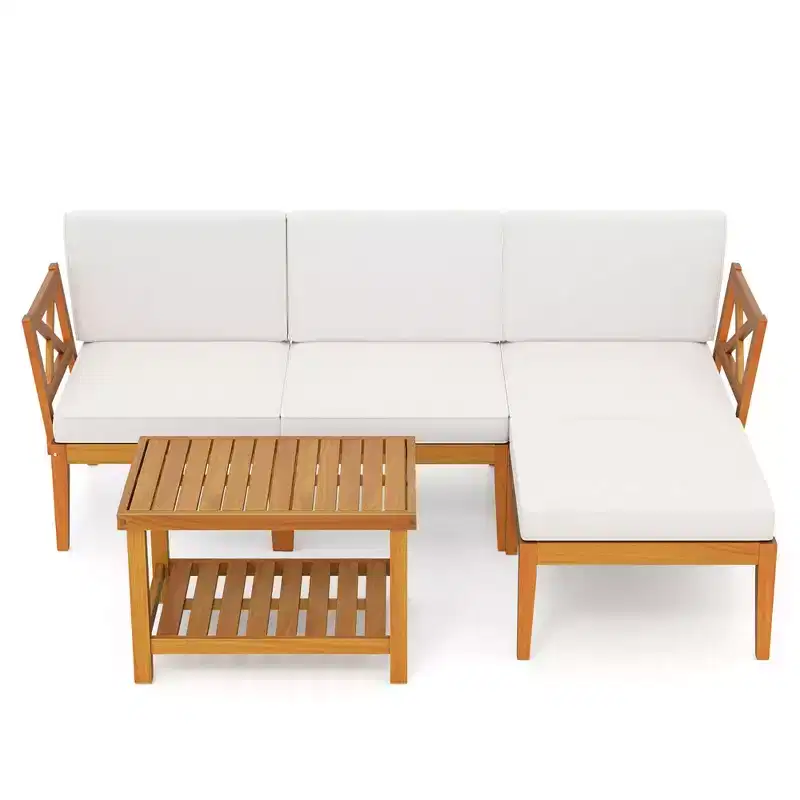 Costway 5 PCS Acacia Wood Patio Furniture Set with 2-Tier Coffee Table and Cushions