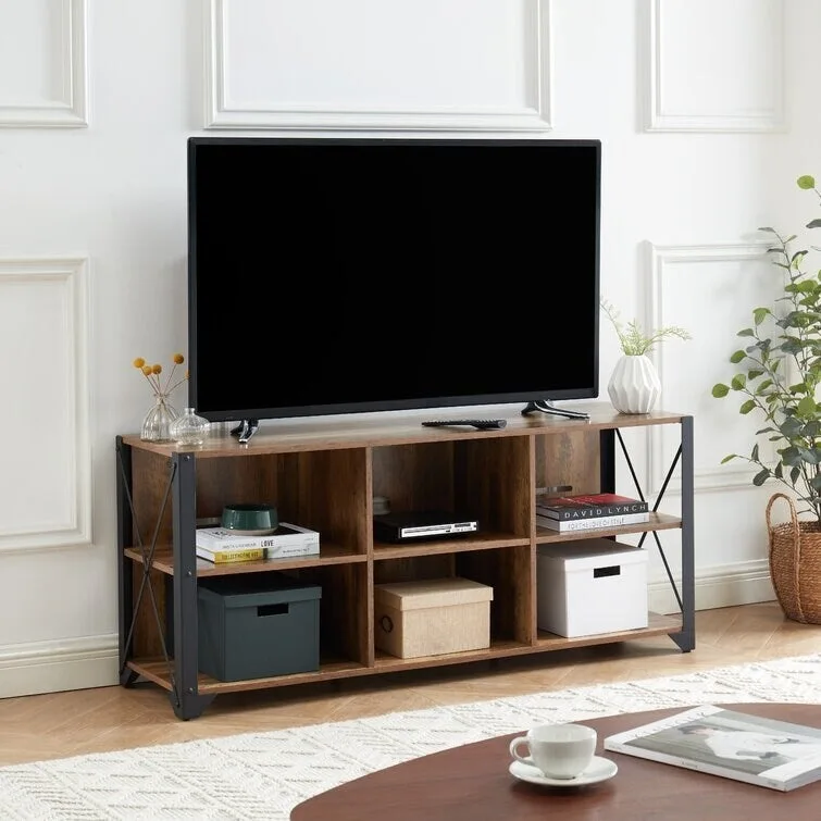 Gray Walnut / Rustic Oak Industrial TV Stand with 6 Shelves