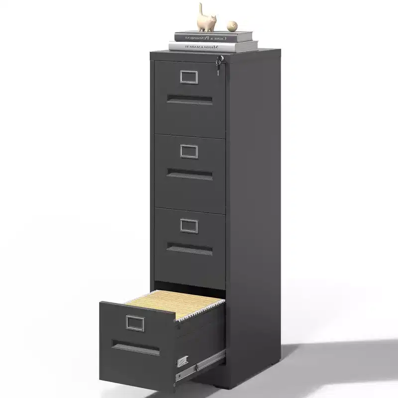 VIYET 52H 4-Drawer Narrow Metal Vertical File Cabinet with Lock, Black Steel Filing Cabinet for Home Office, Fits A4/Legal/Letter (Assembly Required)
