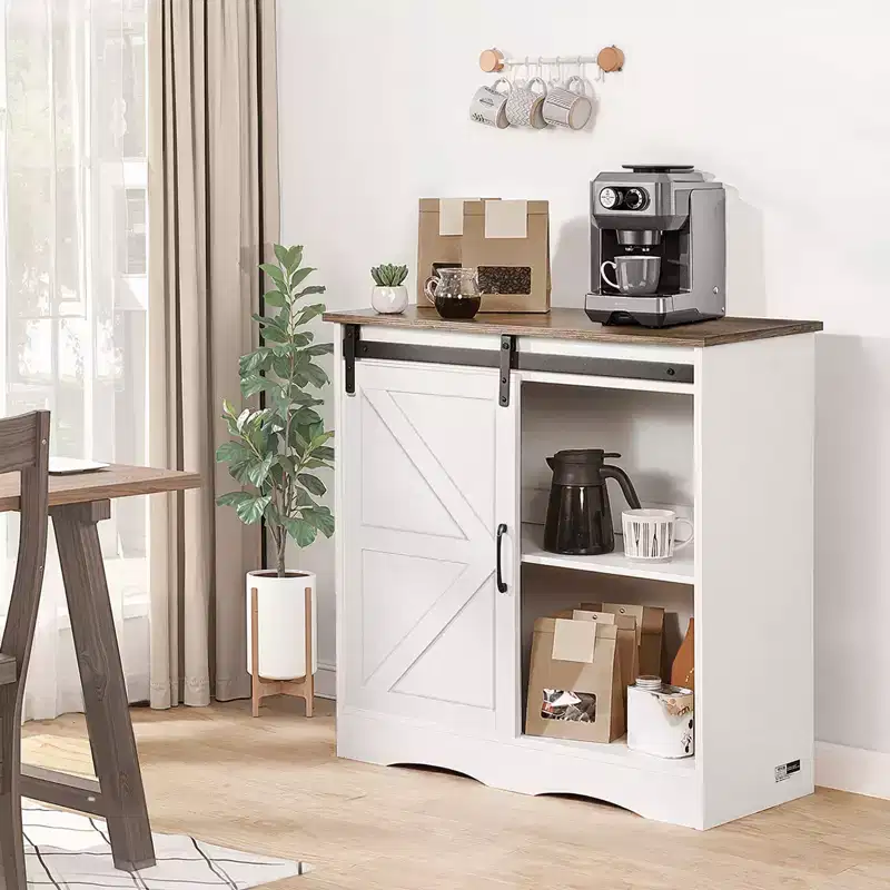 VEVOR Coffee Bar Cabinet, 31.5 x 13.8 x 31.5 in Farmhouse Coffee Bar Cabinet with 3-Tier Storage, Coffee Bar Table with Barn Door, White