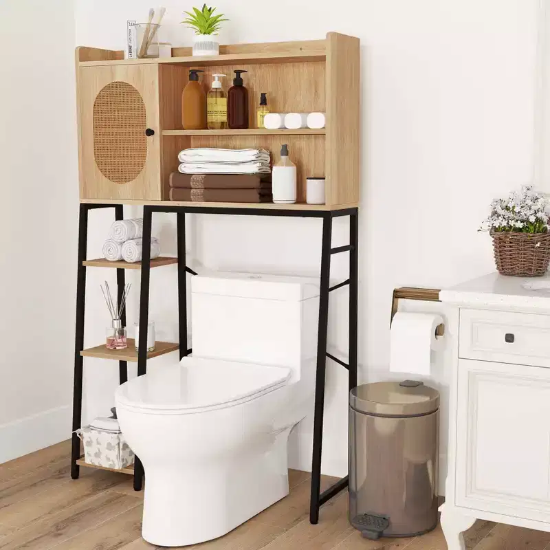 Over The Toilet Storage Cabinet Space-saving Toilet Organizer with PE Rattan Door