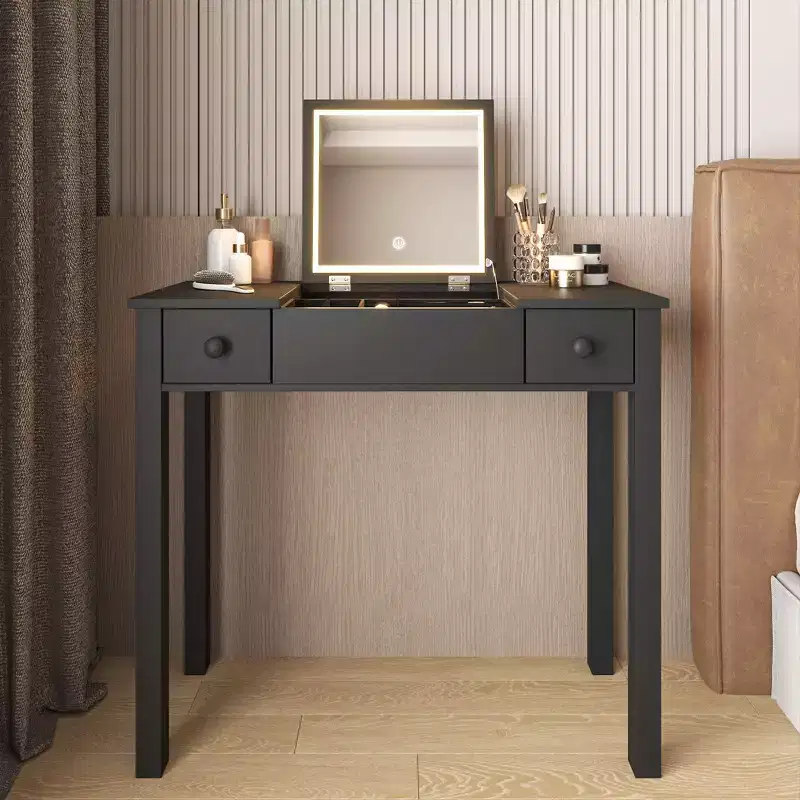 Okak Multifunctional Makeup Vanity with Flip-Top Mirror, Vanity Table with 2 Drawers & 3 Removable Organizer Boxes, Compact Vanity for Home
