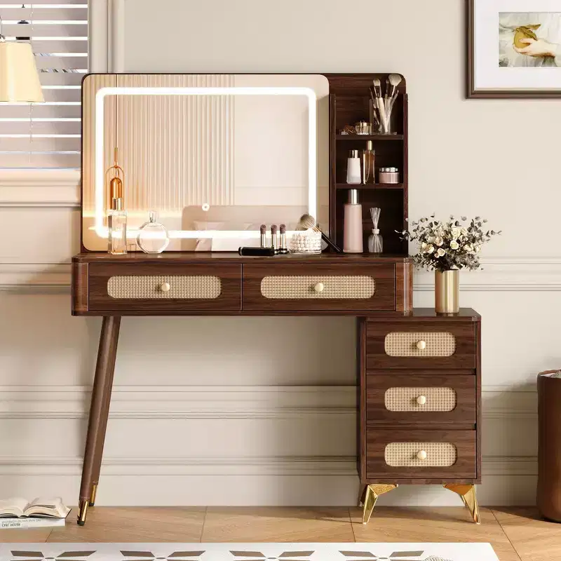 Whisen Makeup Vanity Table with Mirror, Lights, 5 Drawers and Storage Shelf
