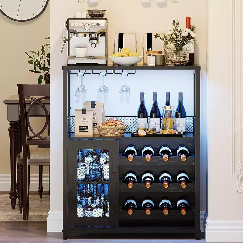 Coffee Wine Bar Rack Cabinet with Removable Wine Rack, Glass Holder, Drawer & Mesh Door  Sideboard and Buffet Storage for Dining Room, Kitchen
