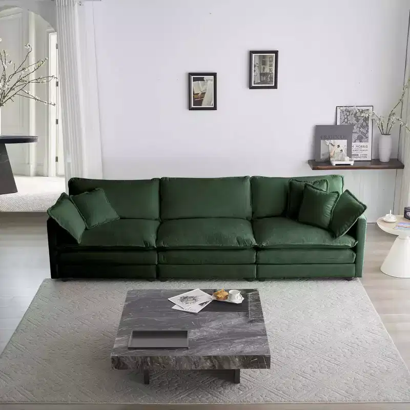 Mid Century Modern Couch 3 Seater Sofa with 2 Armrest Pillow and 3 Toss Pillows for Living Room for Bedroom Green