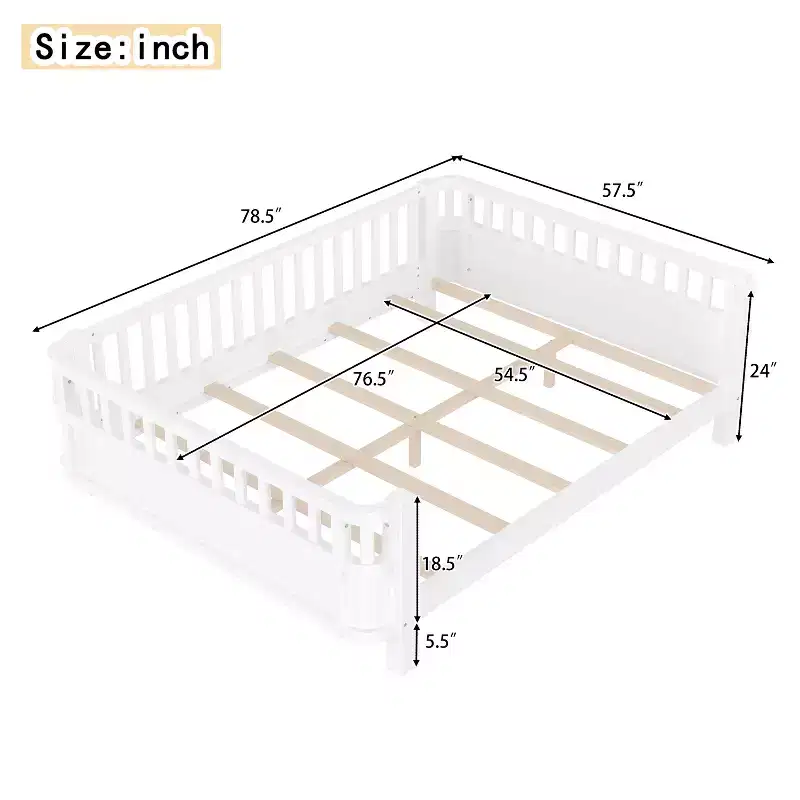 Bellemave Full Platform Bed with Safety Guardrails and Detachable Fence, Solid Wood Platform Bed for Kids, White