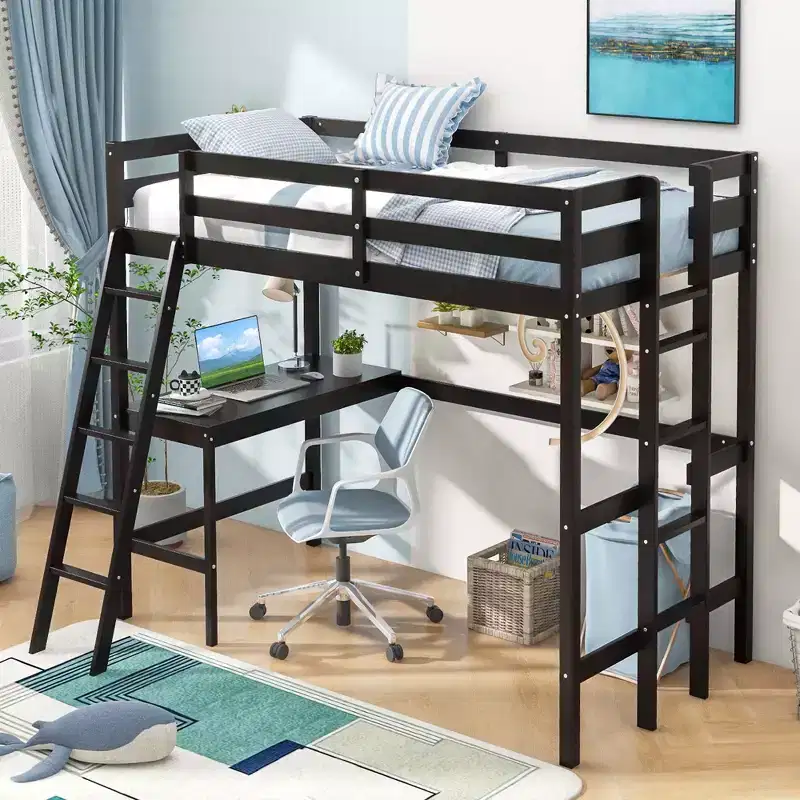 Twin Size Loft Bed w/ Desk & Shelf 2 Ladders & Guard Rail for Kids Teens Bedroom Brown/Grey/White