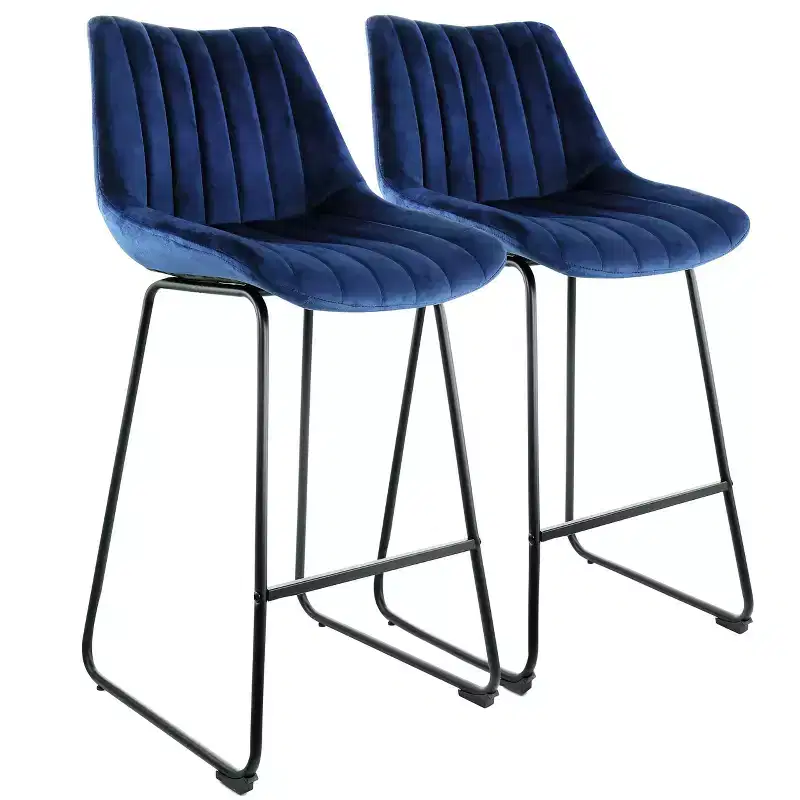 Elama Velvet Tufted Bar Chair, Set of 2, in Blue with Metal Legs