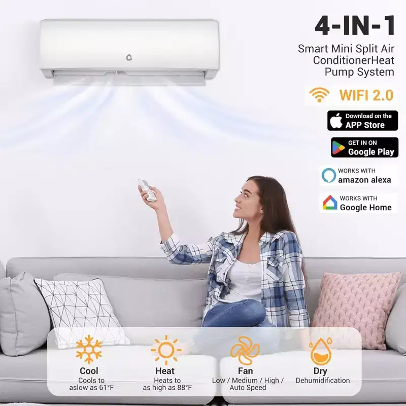 Garvee 9000 BTU Mini Split Air Conditioner and Heat, Mini AC Unit with Heat Pump & WiFi-Enabled, 115V, White