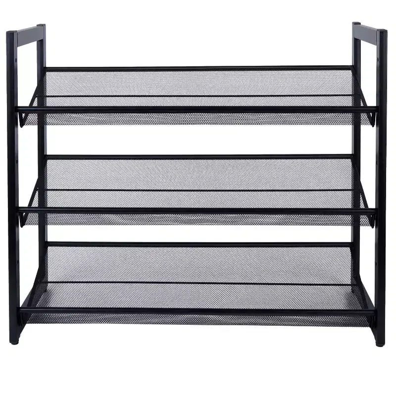Organize It All 3 Tier Shoe Rack Organizer with Mesh Black: Iron Frame, Holds 12 Pairs, Freestanding, 29" W x 24.4" D x 12" H