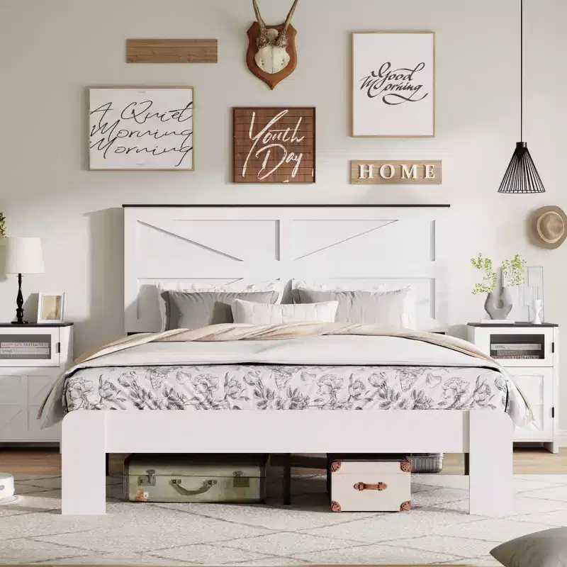 Okak Natural Style All Size Bedroom Platform Bed with Farmhouse Wood Headboard,Modern Bed Frame No Box Spring Needed
