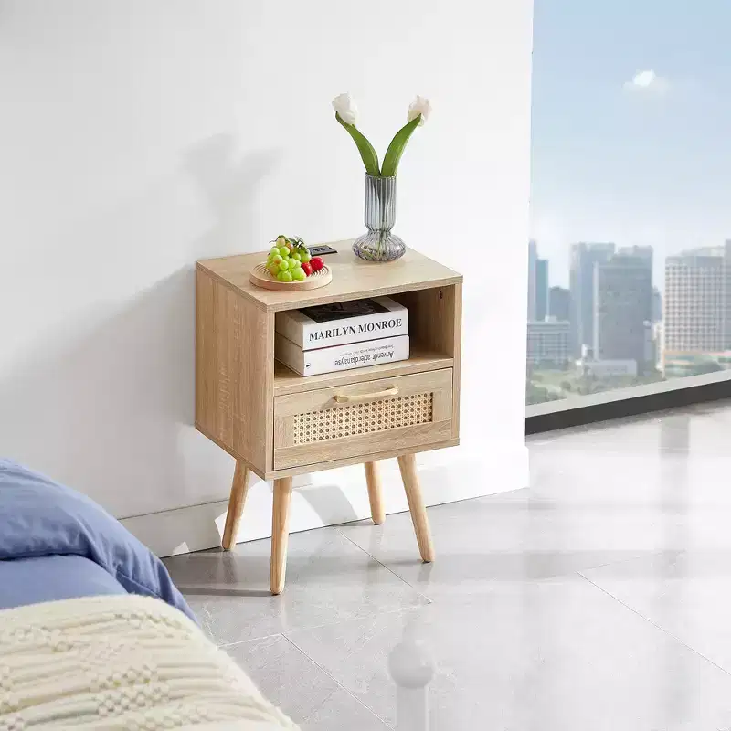 MAYEERTY Rattan End Table, Modern Nightstand with Drawer and Solid Wood Legs, Side Table for Living Room, Bedroom, Natural