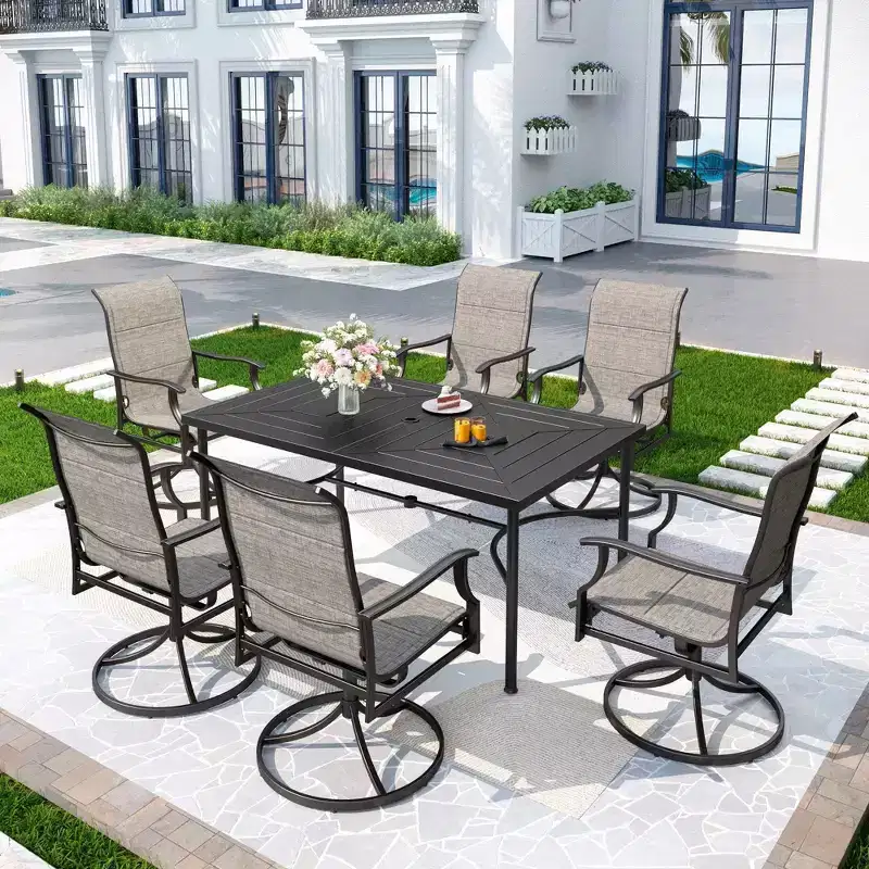 7pc Outdoor Dining Set with with Padded Sling Chairs & Metal Rectangle Table with Umbrella Hole - Captiva Designs