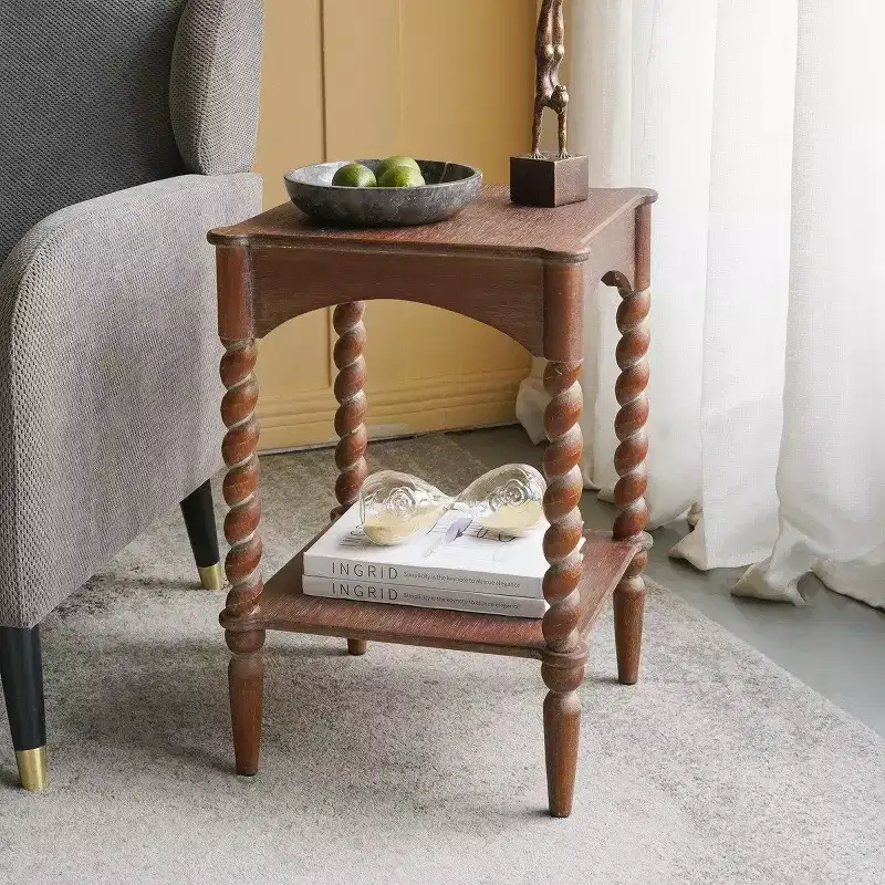 GDFStudio Vaibhav Rustic Square Wooden Side Table with Turned Spiral Legs and Lower Shelf