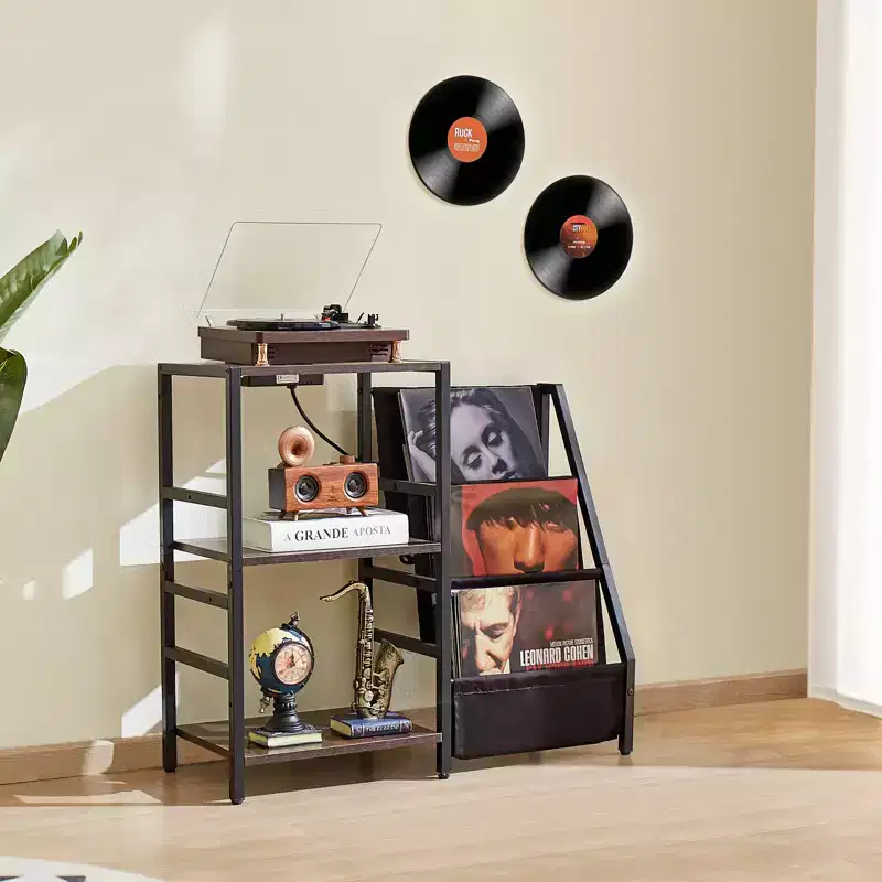 VEVOR Record Player Stand with Charging Station & USB Ports, Holds up to 200 Albums, 3-Tier Turntable Stand with Vinyl Record Storage, Black