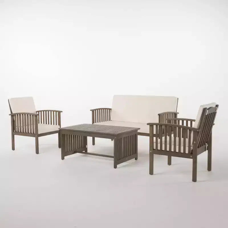 Carolina 4pc Acacia Wood Chat Set - Gray - Christopher Knight Home: Outdoor Seating with Cushions & Coffee Table