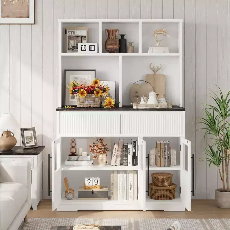 Pantry Cabinet, 60'' Tall White Farmhouse Kitchen Pantry Storage Cabinet with Drawers & Glass Doors
