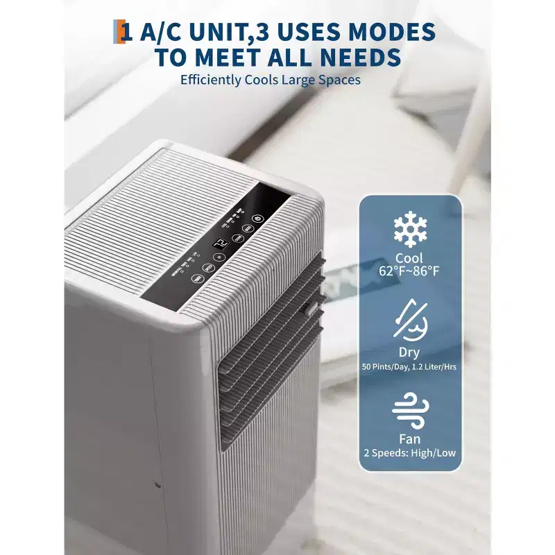 8,000 BTU 3-in-1 Portable AC - Grey (NPLI9A-05CX1E), 1 Unit, Quiet 2-Speed Cooling for Home/Dorm/Office, Includes Window Kit & Remote