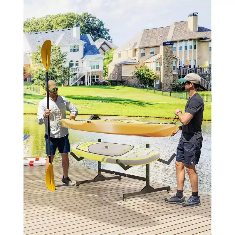 2-Kayak Freestanding Storage Rack - Adjustable SUP/Canoe Stand with Lockable Wheels (Grey, 48L x 24W) for Garage/Dock/Outdoor Use