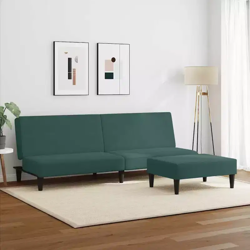 Velvet 2-Seater Sofa Bed and Footstool - Dark Green | Convertible Sleeper Sofa | Cozy and Adjustable for Lounge, Living Room