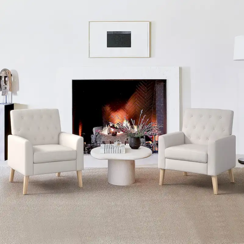 LUE BONA Linen and Walnut Legs Mid Century Modern Button Tufted Accent Chair (Set of 2) - 33.86 H X 27.95 W X 29.53 D
